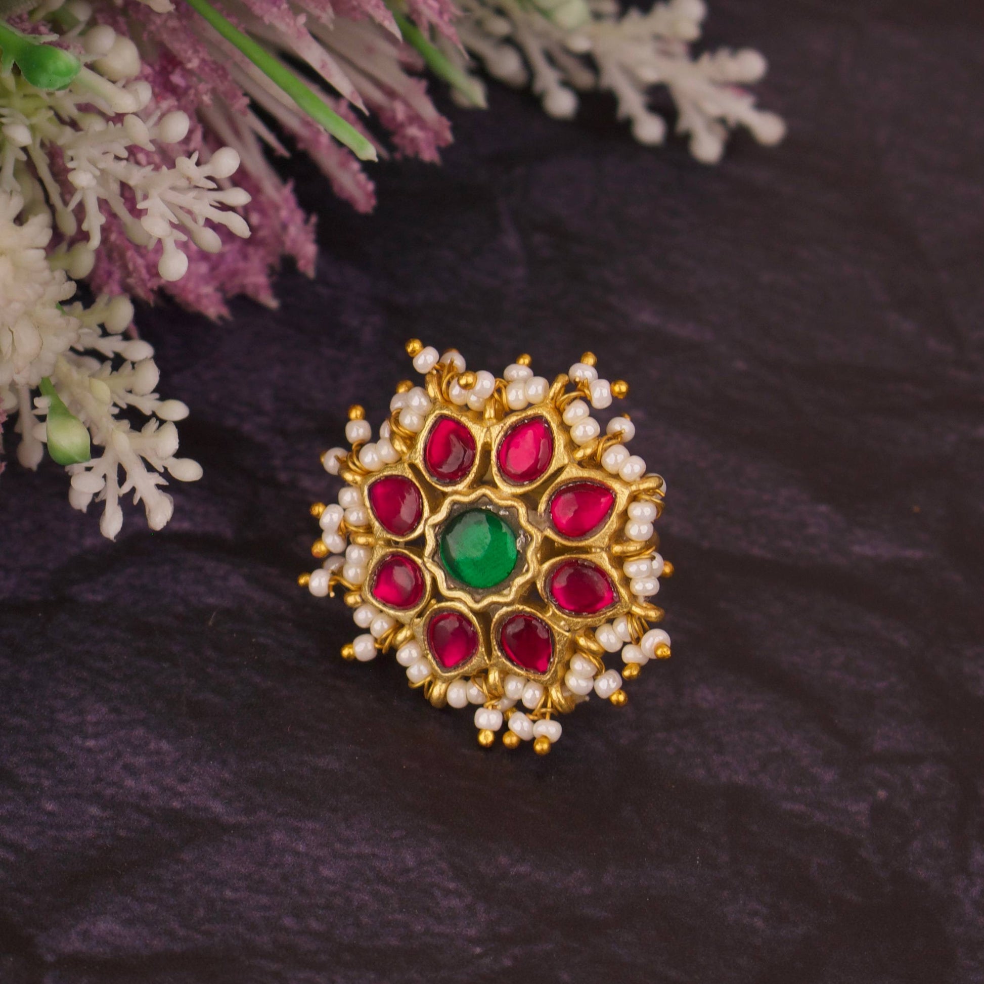 Emerald & Ruby Jadau Kundan Finger Ring