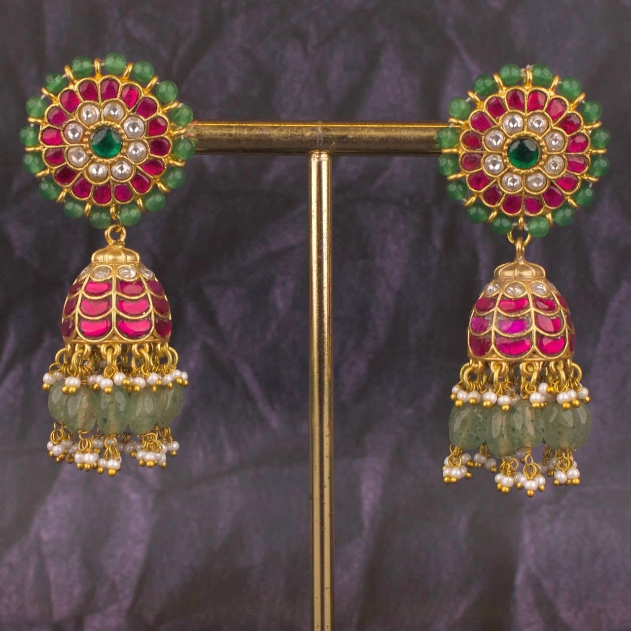 Beads Bordered Studded Jadau Kundan Jhumki Earrings