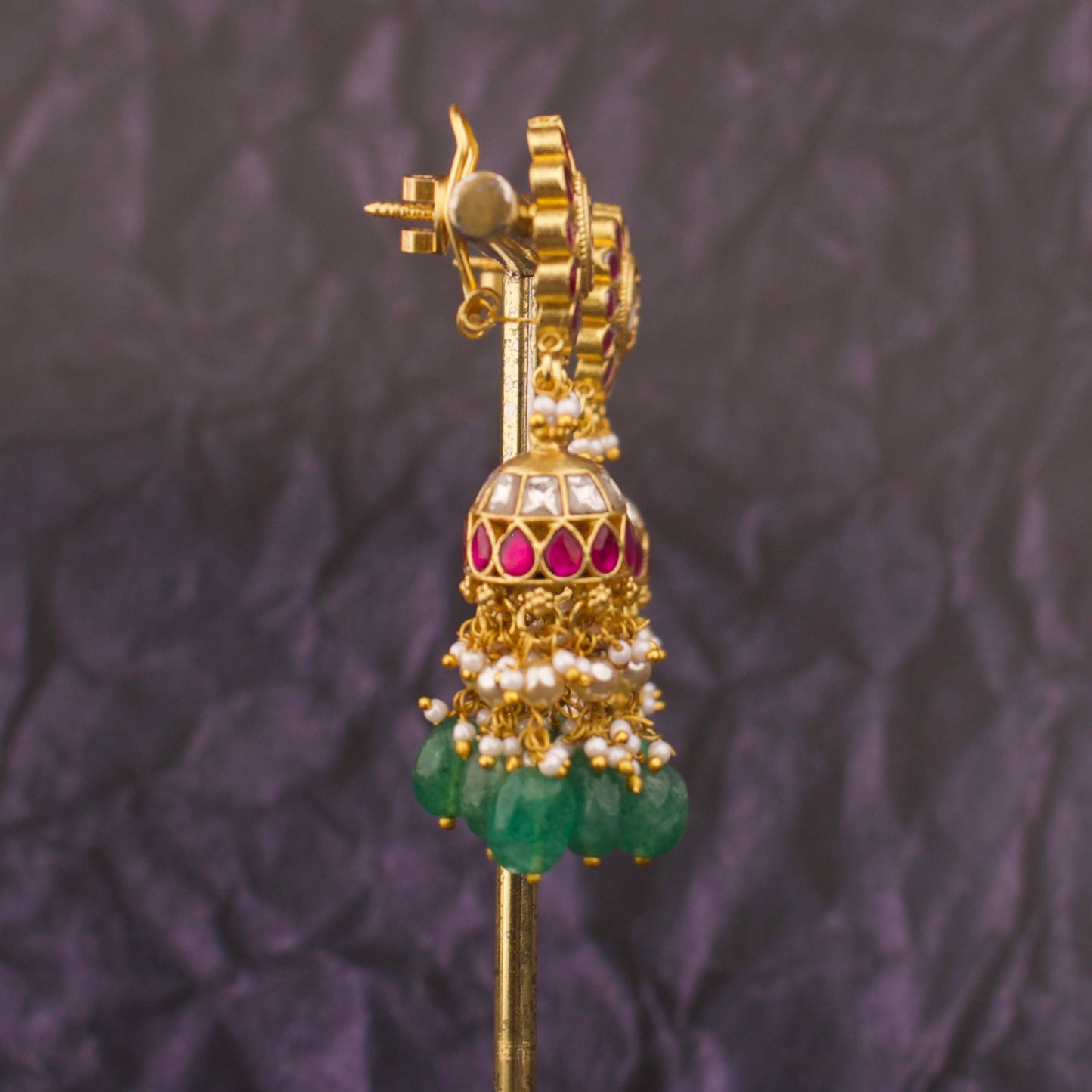 Phool Design Jadau Kundan Jhumki Earrings With Emerald Bead Hangings