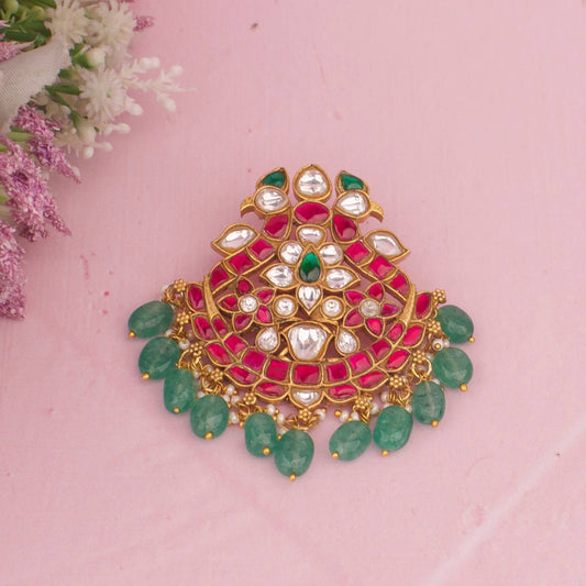 Gold Design Jadau Kundan Pendant With Beads Hangings