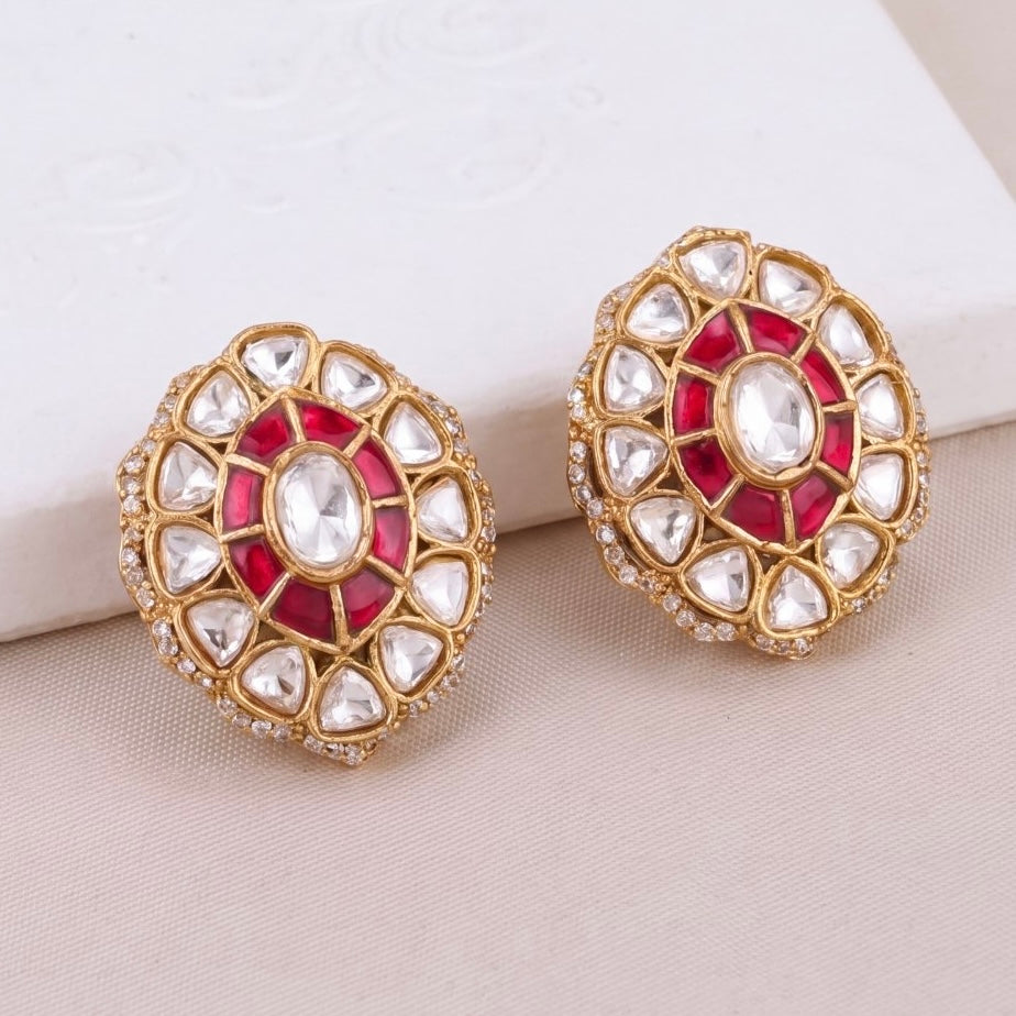 Victorian Polki Stud Earrings With Ruby And Emerald - Handcrafted Indian Bridal Jewelry by Dulhan Jewels