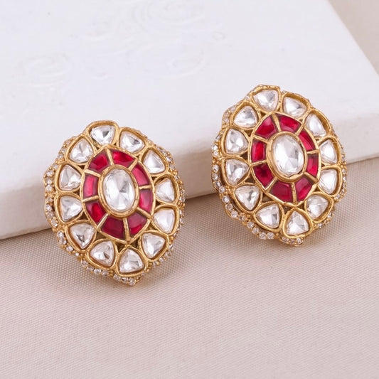 Victorian Polki Stud Earrings With Ruby And Emerald - Handcrafted Indian Bridal Jewelry by Dulhan Jewels