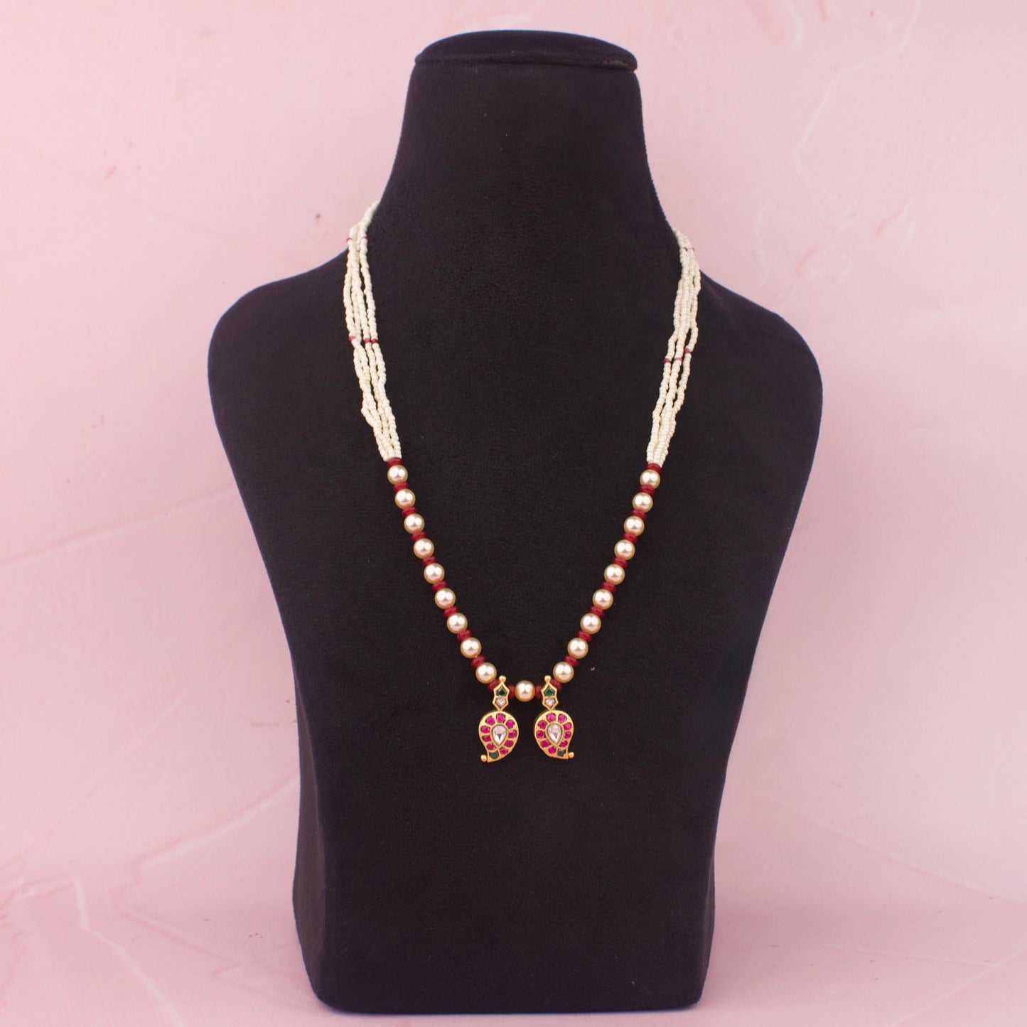 Classic Pearl Mala Jadau Kundan Necklace With Twin Paisley Pendant Design