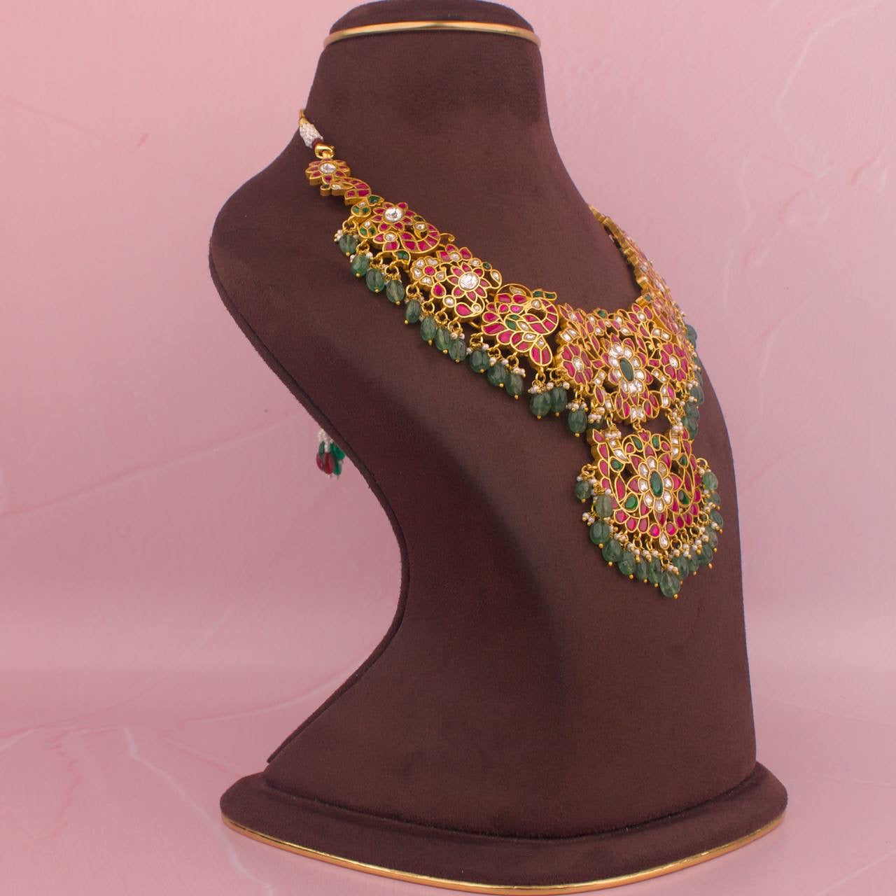 Gold Inspired Jadau Kundan Necklace With Strawberry Beads As Hangings