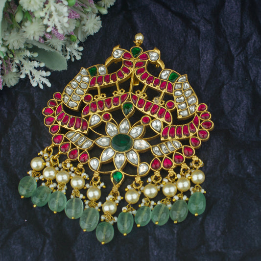 Jadau Kundan Locket With Floral Peacock Design With Swarovski Pearl Hanging
