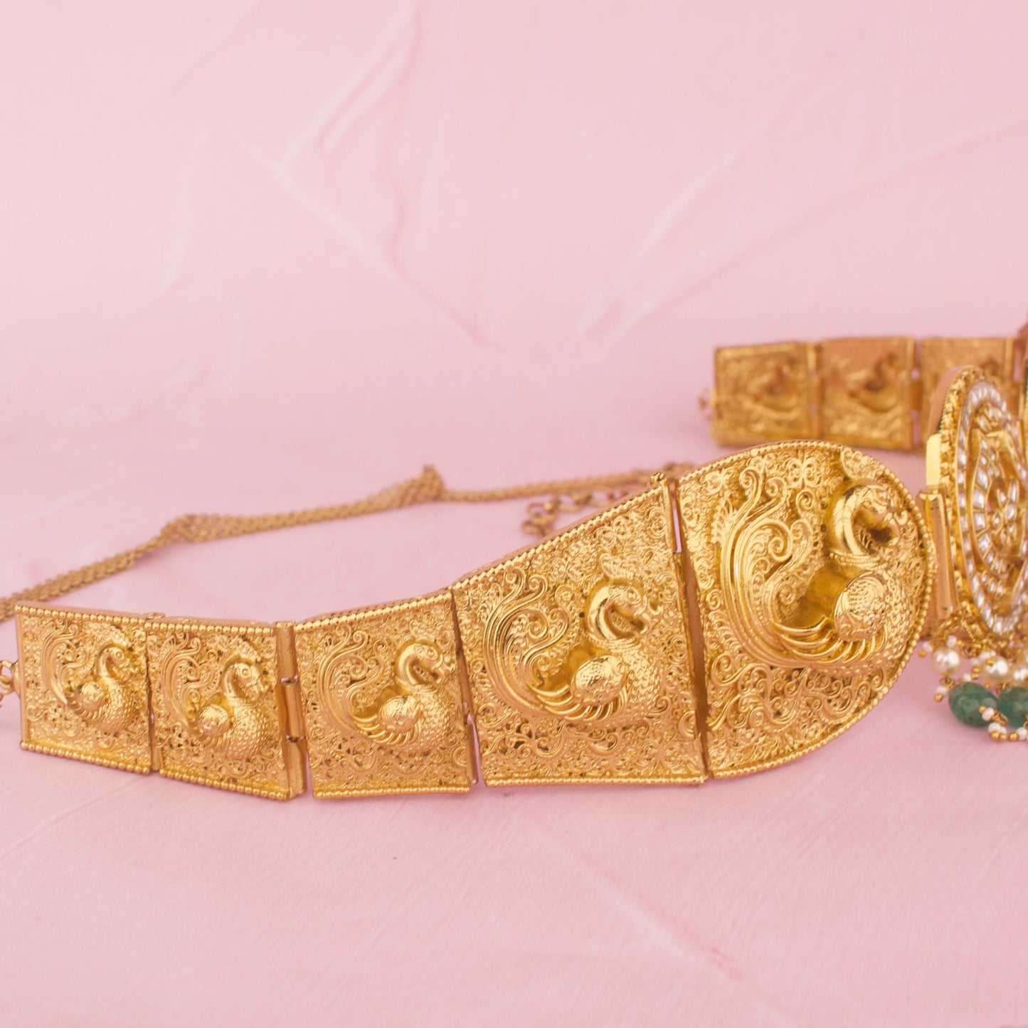 Temple Peacock Vaddanam Hip Belt With Pearls And Green Beads