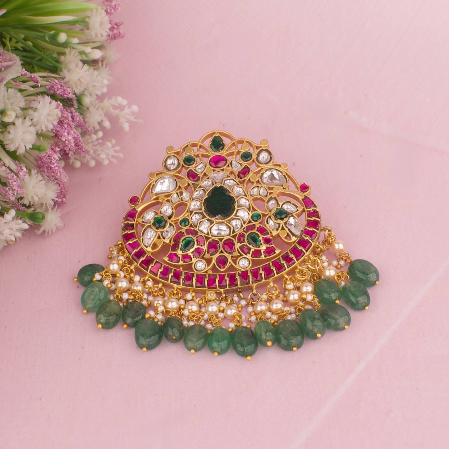 Luxury Jadau Kundan Chand Pendant With Emerald Green Beads