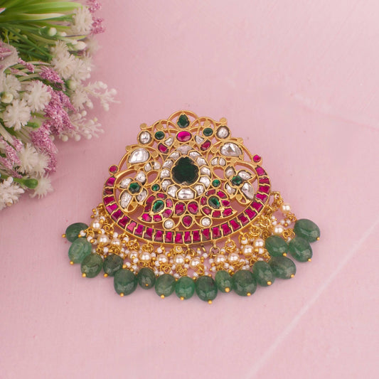 Luxury Jadau Kundan Chand Pendant With Emerald Green Beads