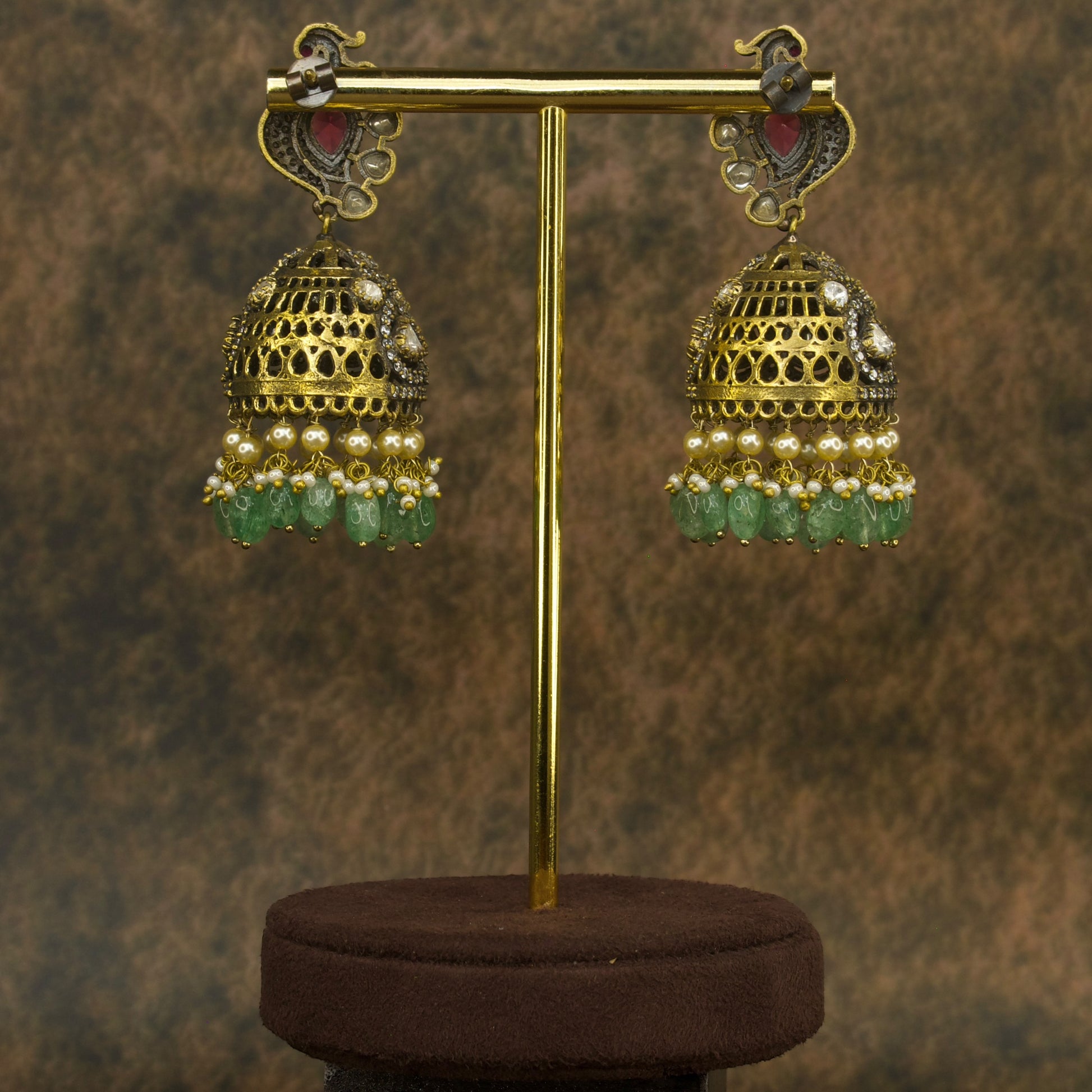 Peacock Studded Victorian Finish Polki Jhumka Earrings