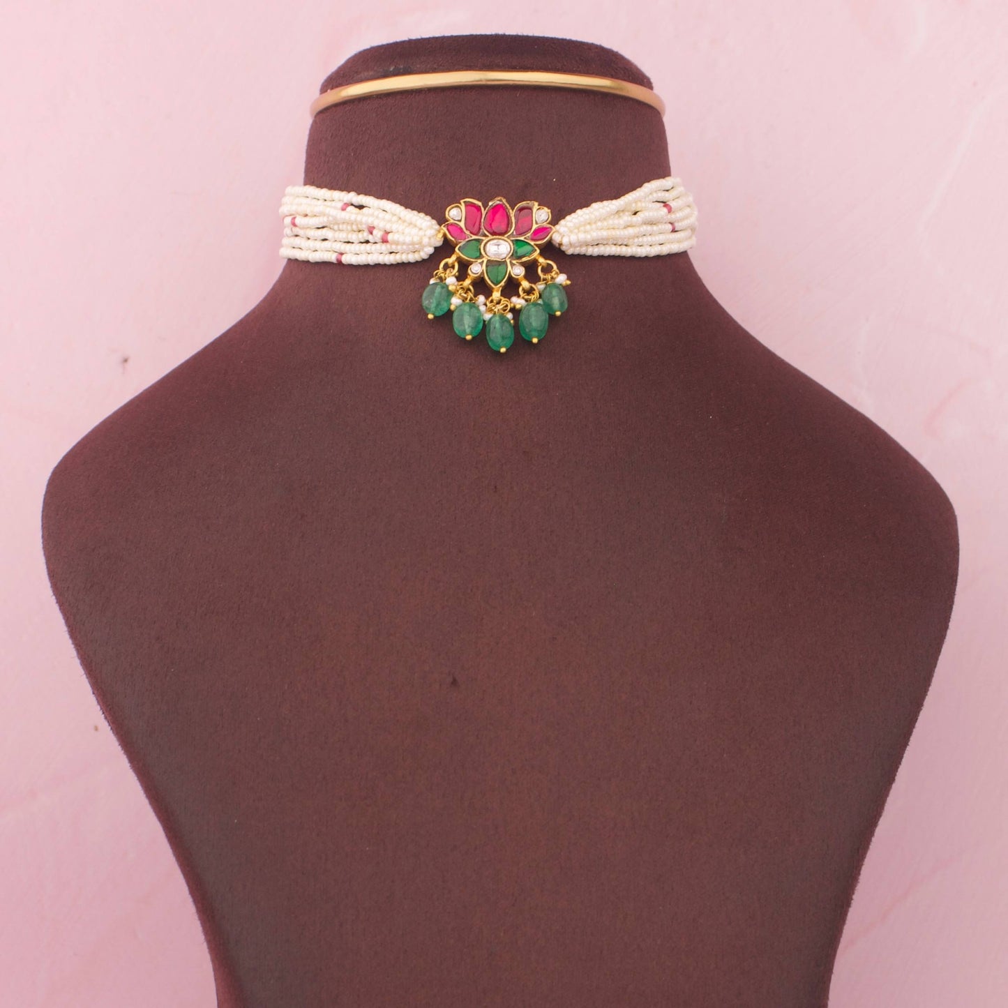 Premium Lotus Design Jadau Kundan Choker With Pearls And Green Beads