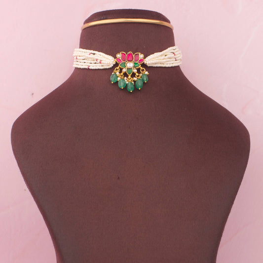 Premium Lotus Design Jadau Kundan Choker With Pearls And Green Beads