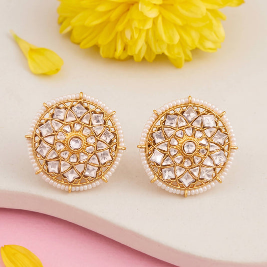 Floral Design Jadau Kundan Stud Earrings - Handcrafted Indian Bridal Jewelry by Dulhan Jewels