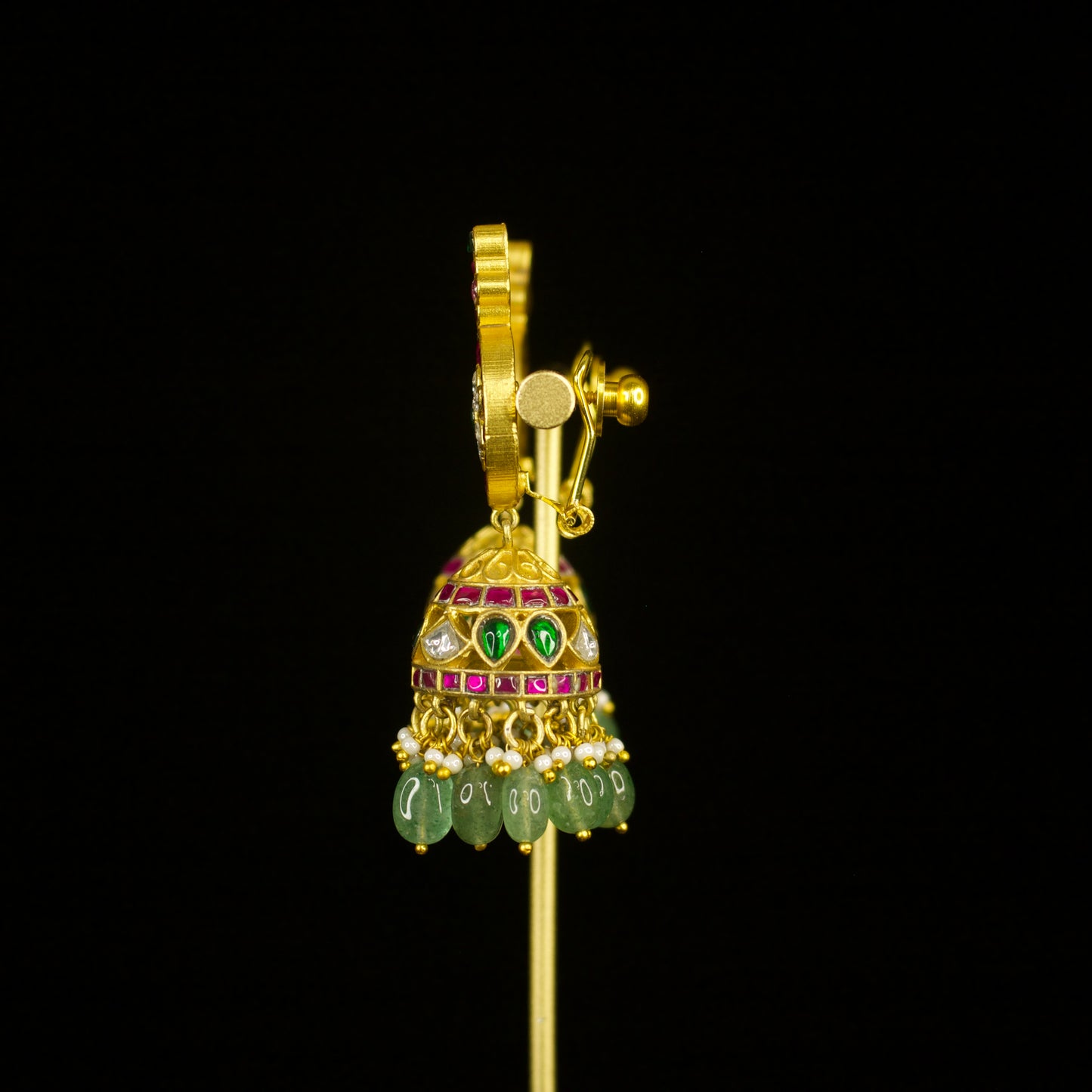 Elegant Mandala Jadau Kundan Jhumkas with emerald beads