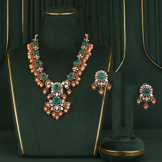 Premium Moissanite Polki Necklace Set With Matching Earrings