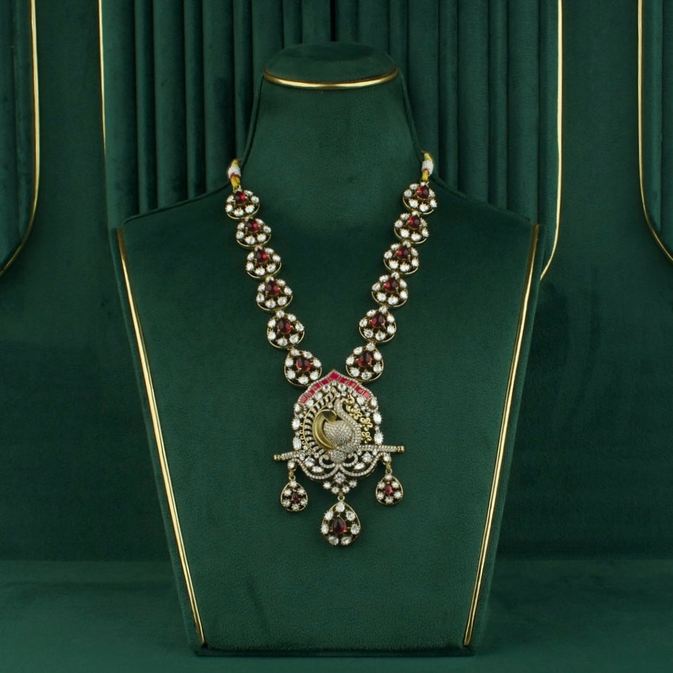 Opulent Victorian Polki Necklace Set with Peacock Motif