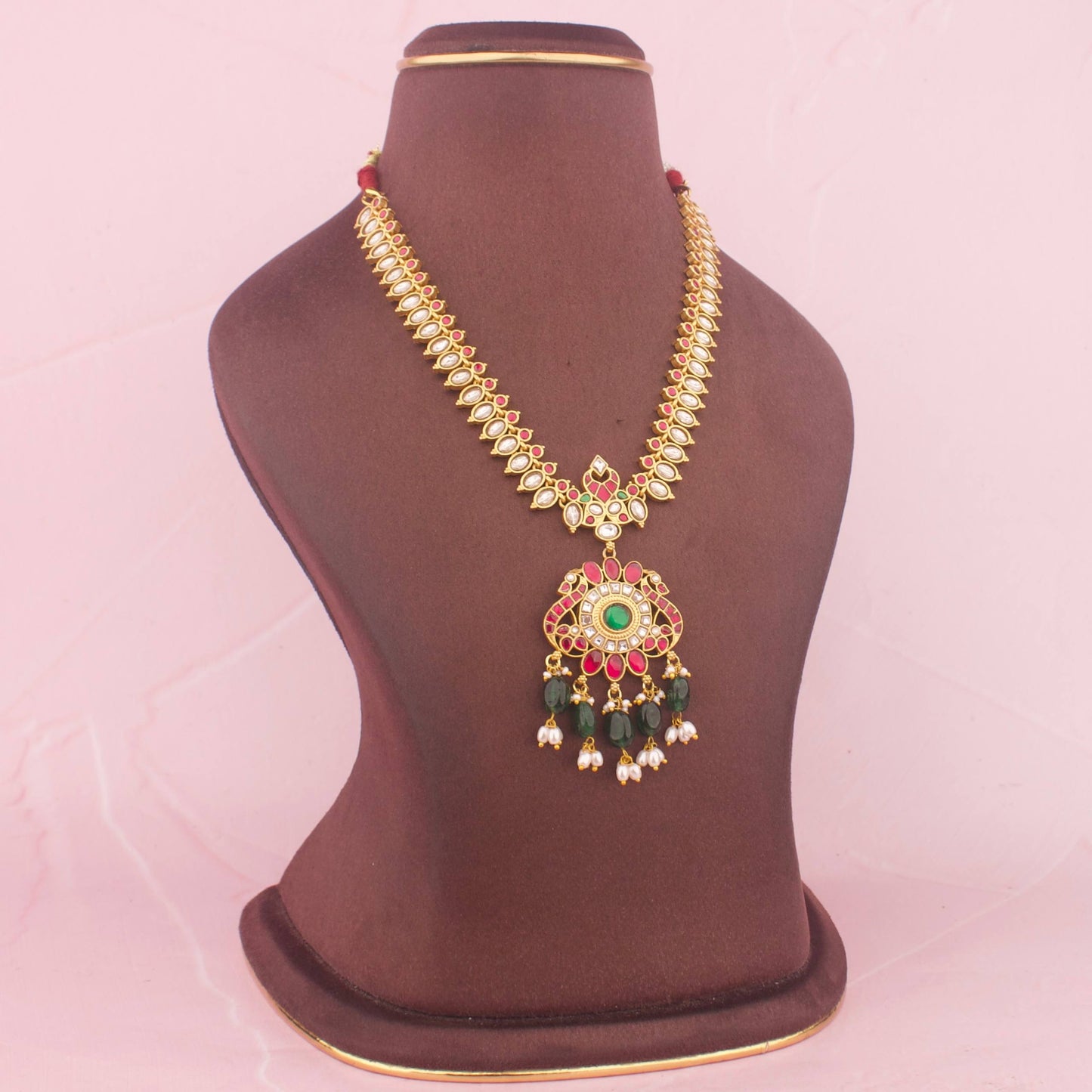 Classic Jadau Kundan Necklace With Green Hangings