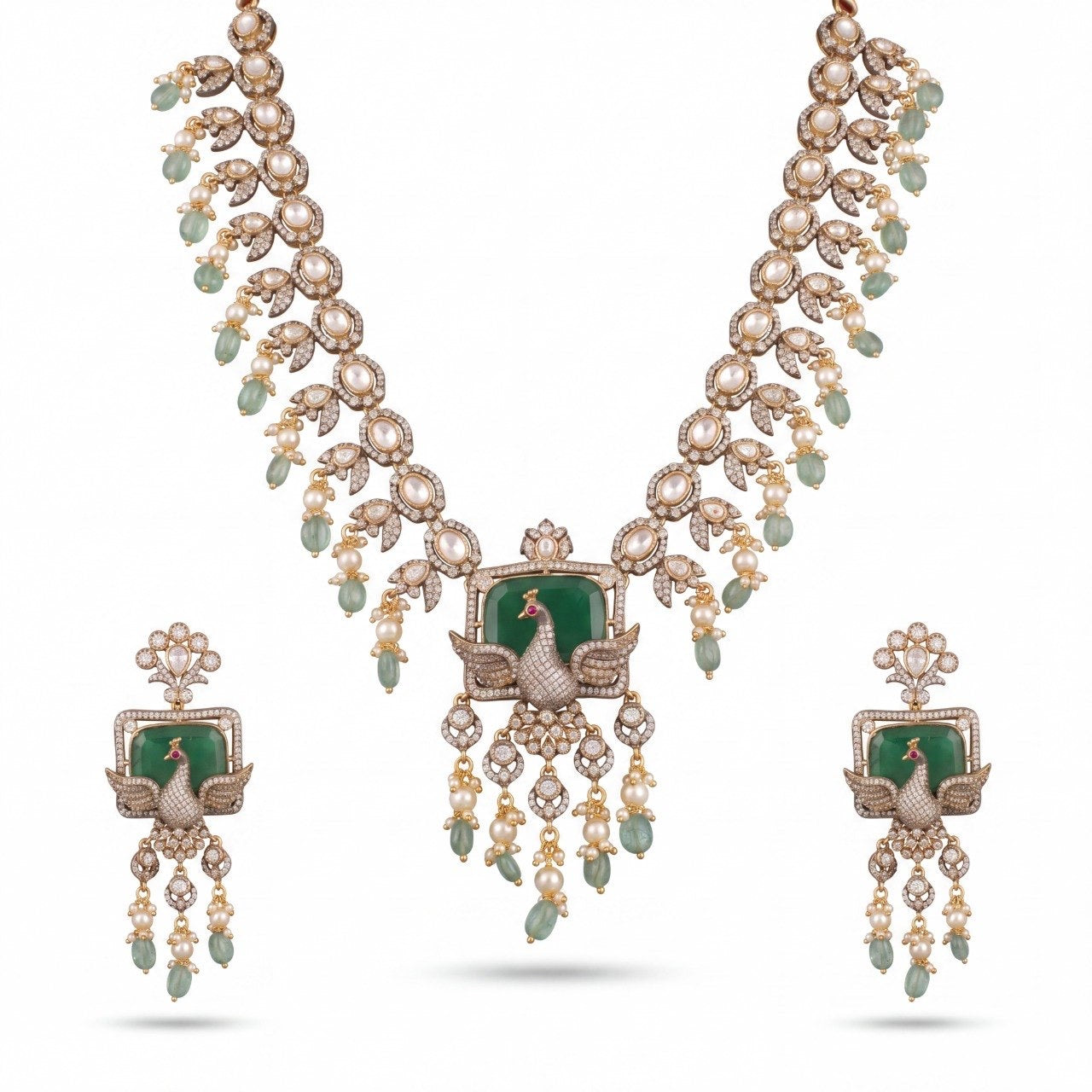 Grand intricate Design Fusion Kundan & Polki Victorian Necklace with Matching Earrings