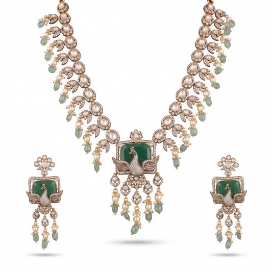 Grand intricate Design Fusion Kundan & Polki Victorian Necklace with Matching Earrings