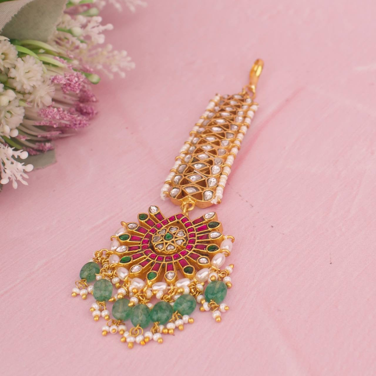 Close-up detailing of Jadau Kundan Guttapusalu Hanging Maangtika highlighting craftsmanship
