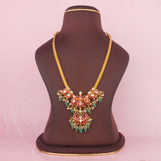 Regal Jadau Kundan Nantad Chain Necklace With Green Beads Hanging