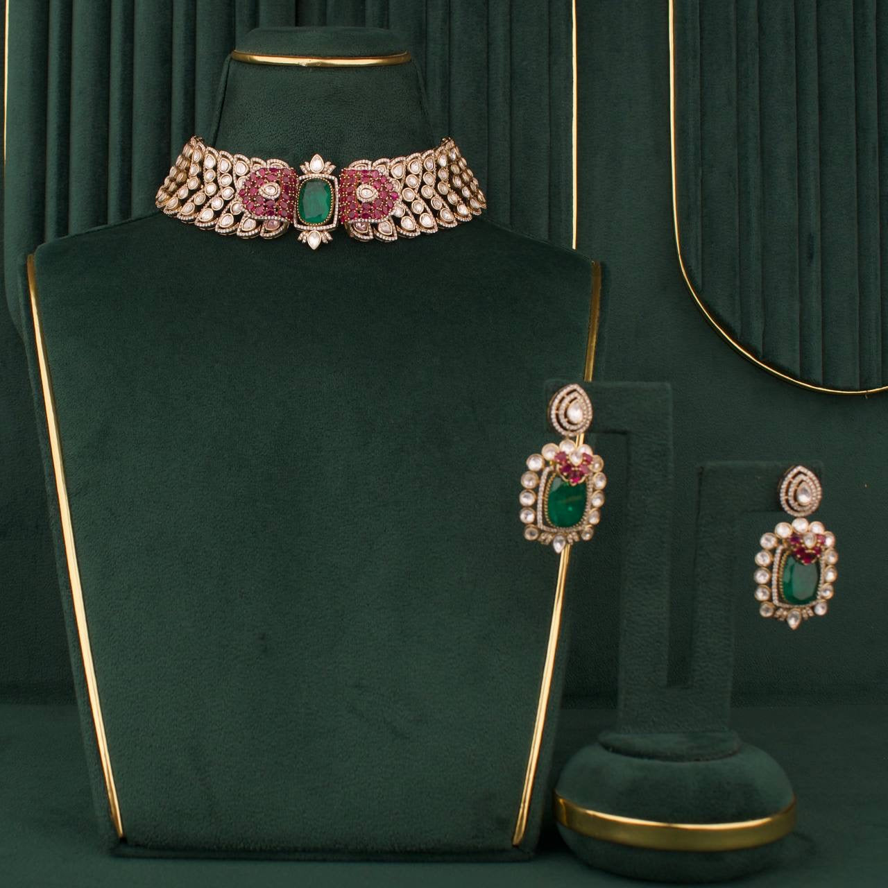 Bridal Victorian Moissanite Polki Choker Set With Matching Earrings