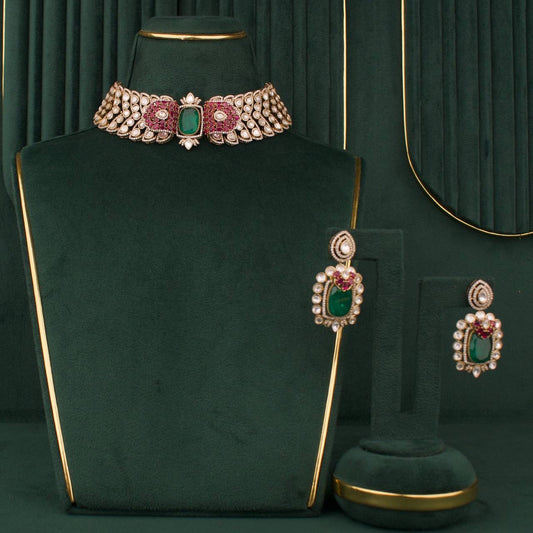 Bridal Victorian Moissanite Polki Choker Set With Matching Earrings