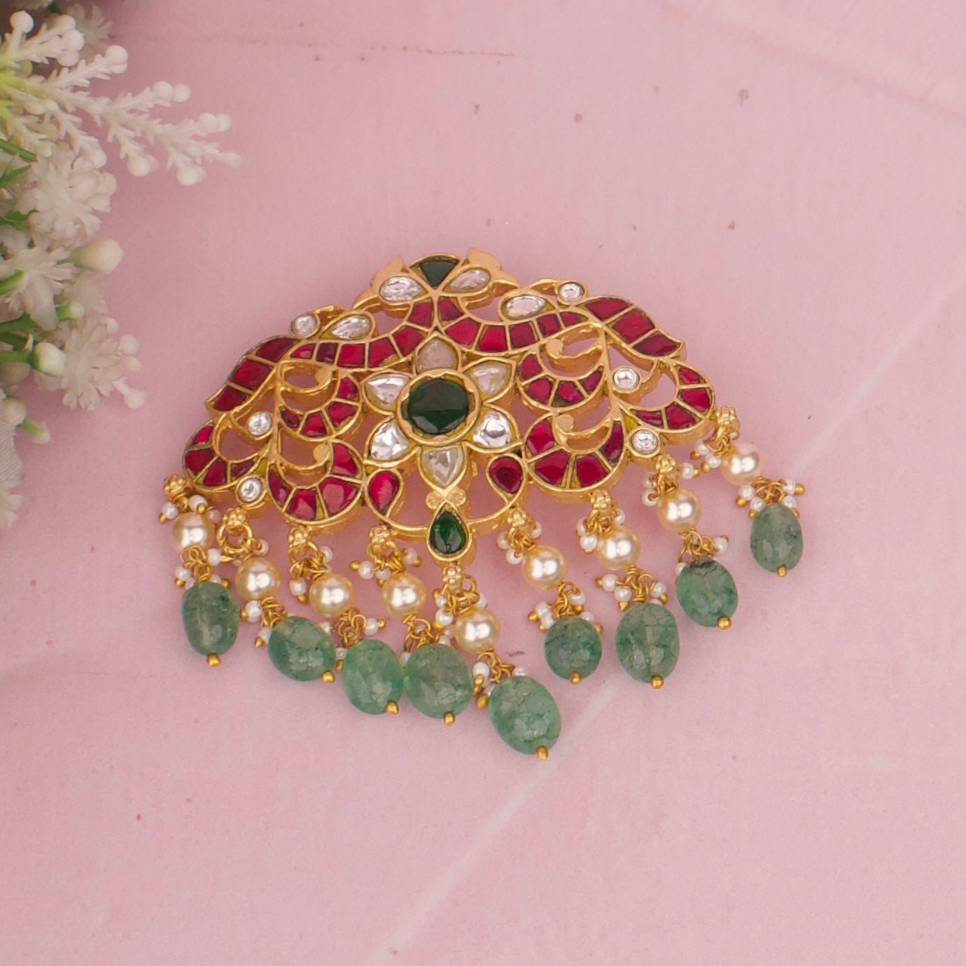 Designer Jadau Kundan Pendant With Pearl Drops And Green Beads