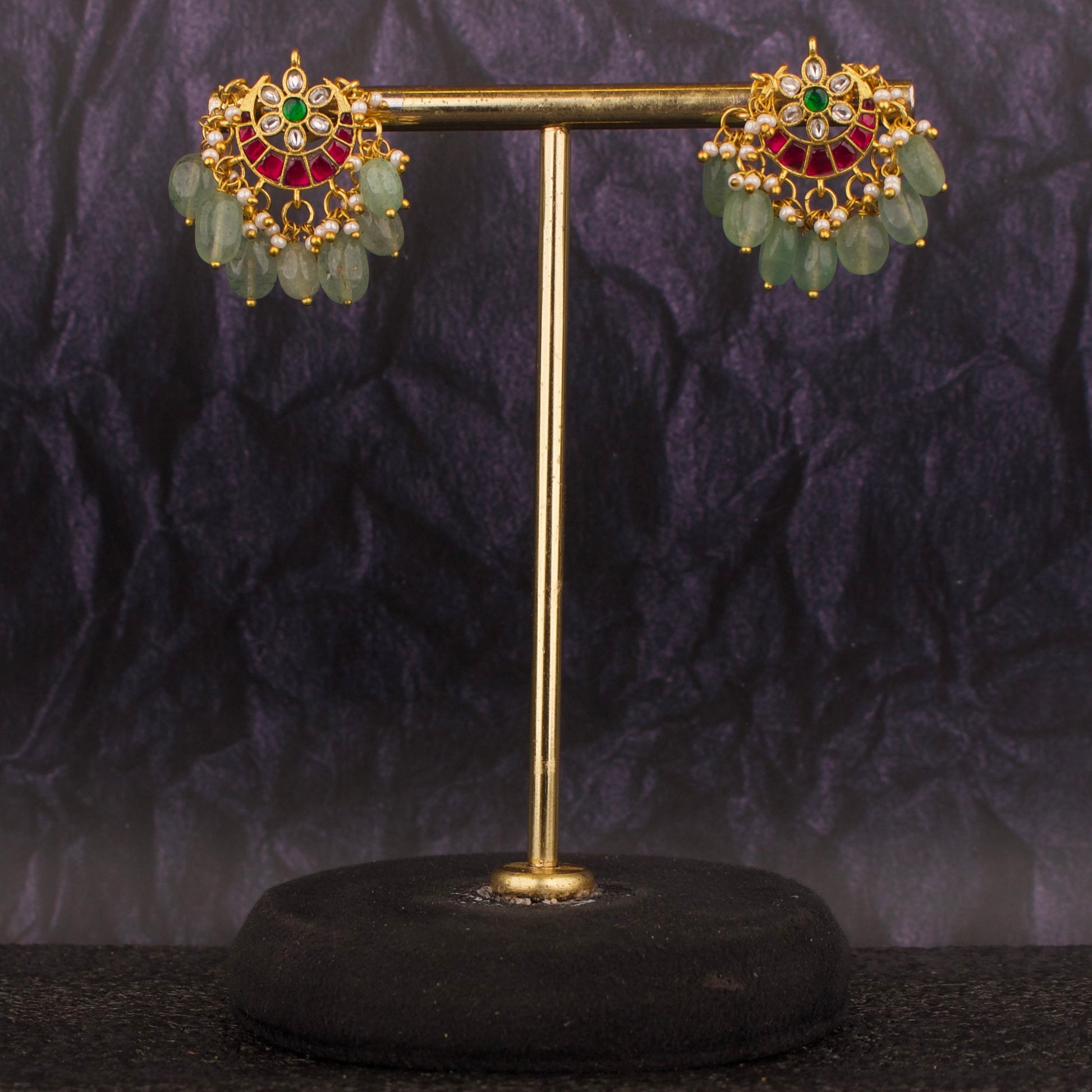 Unique Chand Design Jadau Kundan Studs With Green Beads Hanging - DULHAN JEWELS