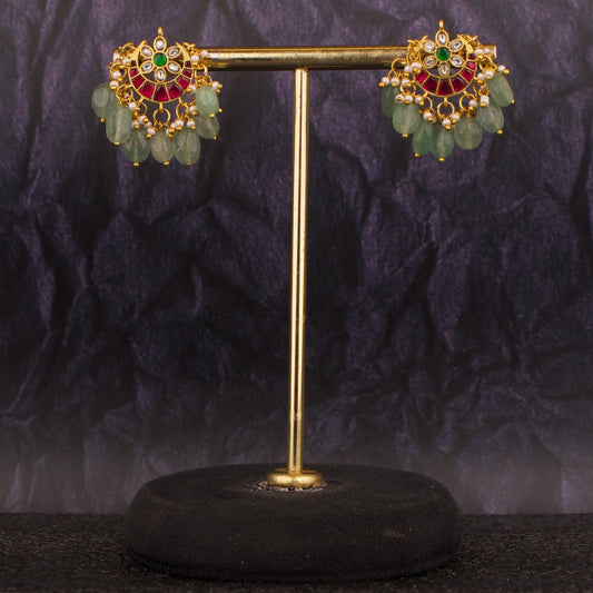 Unique Chand Design Jadau Kundan Studs With Green Beads Hanging - DULHAN JEWELS