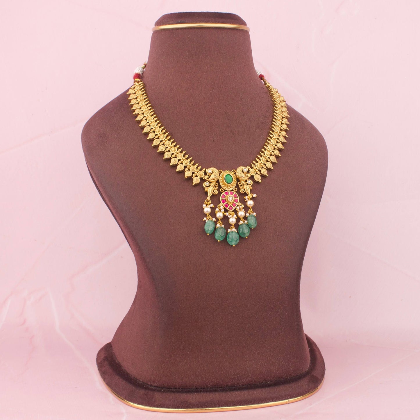 Antique Temple Necklace Set With Emerald Beads And Earrings