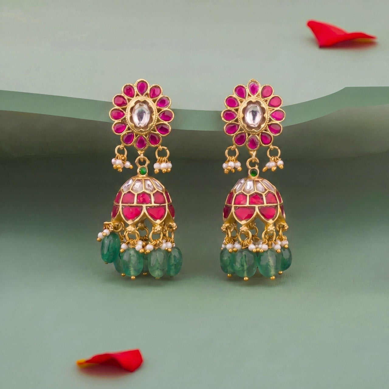 Phool Design Jadau Kundan Jhumki Earrings With Emerald Bead Hangings