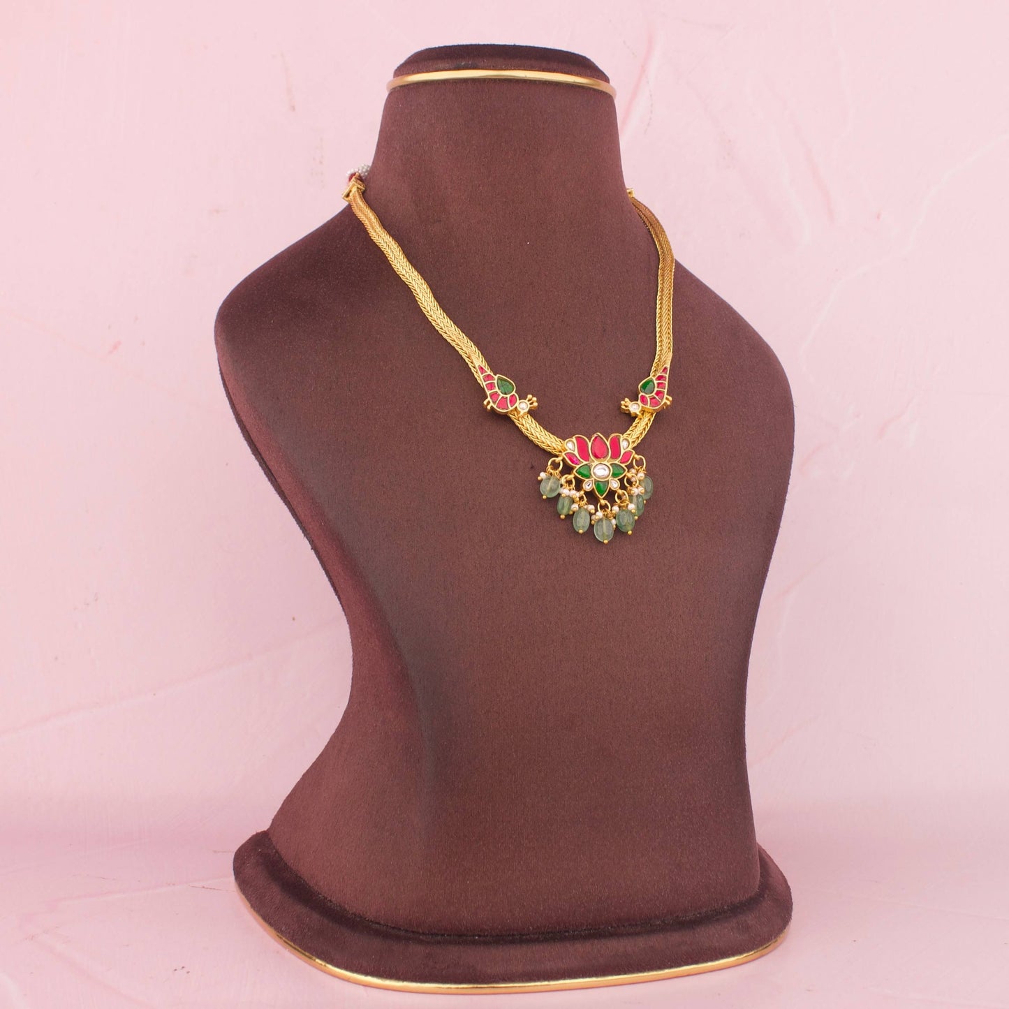 Designer Nantad Necklace Set With Green Beads And Matching Studs