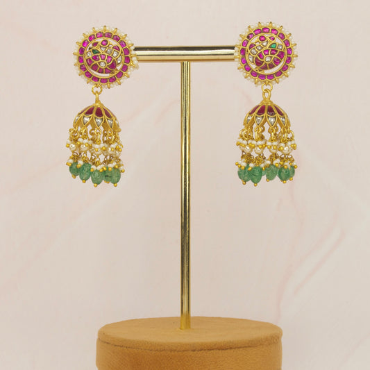 Beautiful Kundan Jhumka Earrings with Beads & Pearls Drops with 22k gold plating. This Product belongs to Jadau Kundan jewellery Category