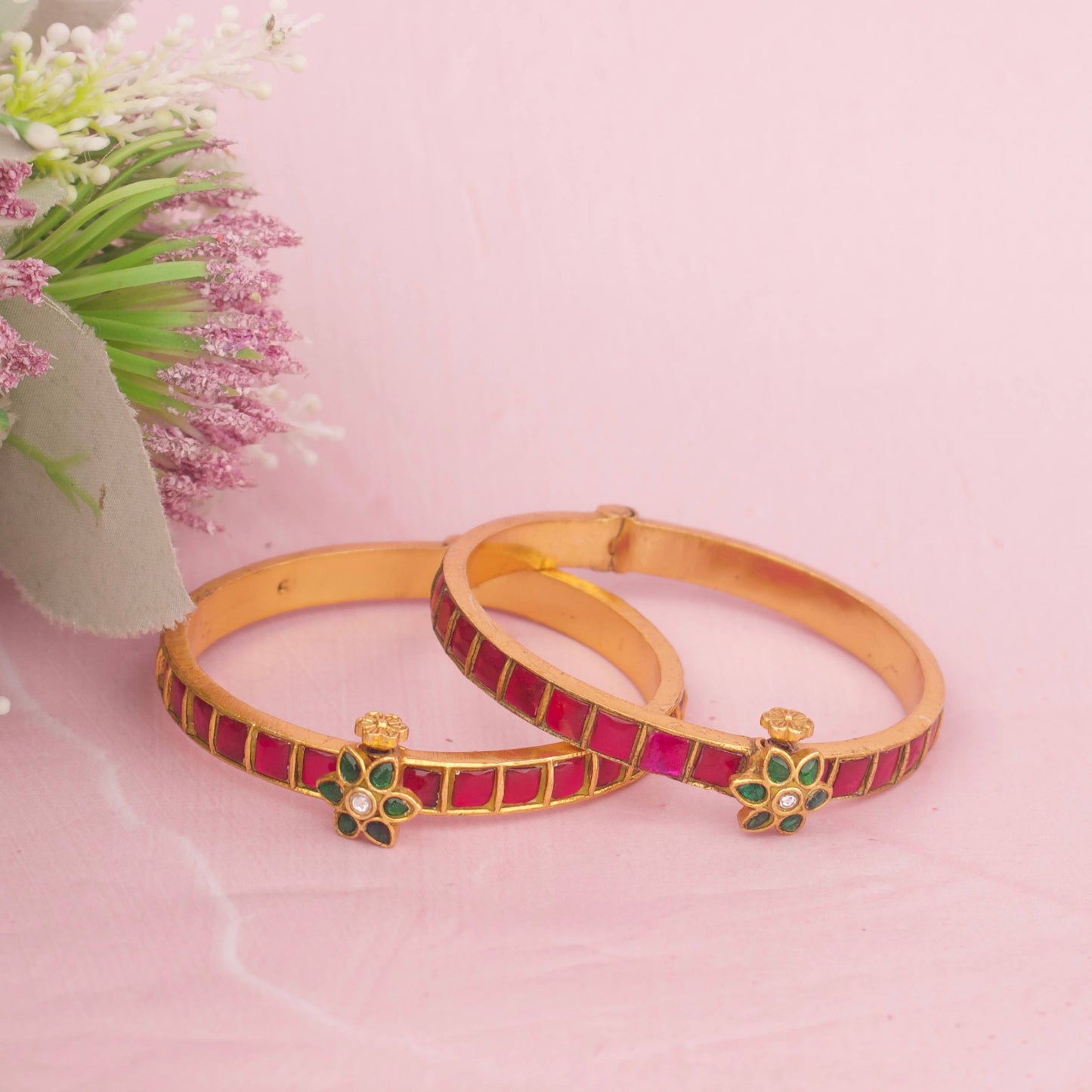 Gold Finish Jadau Kundan Bangles With Floral Center Motif