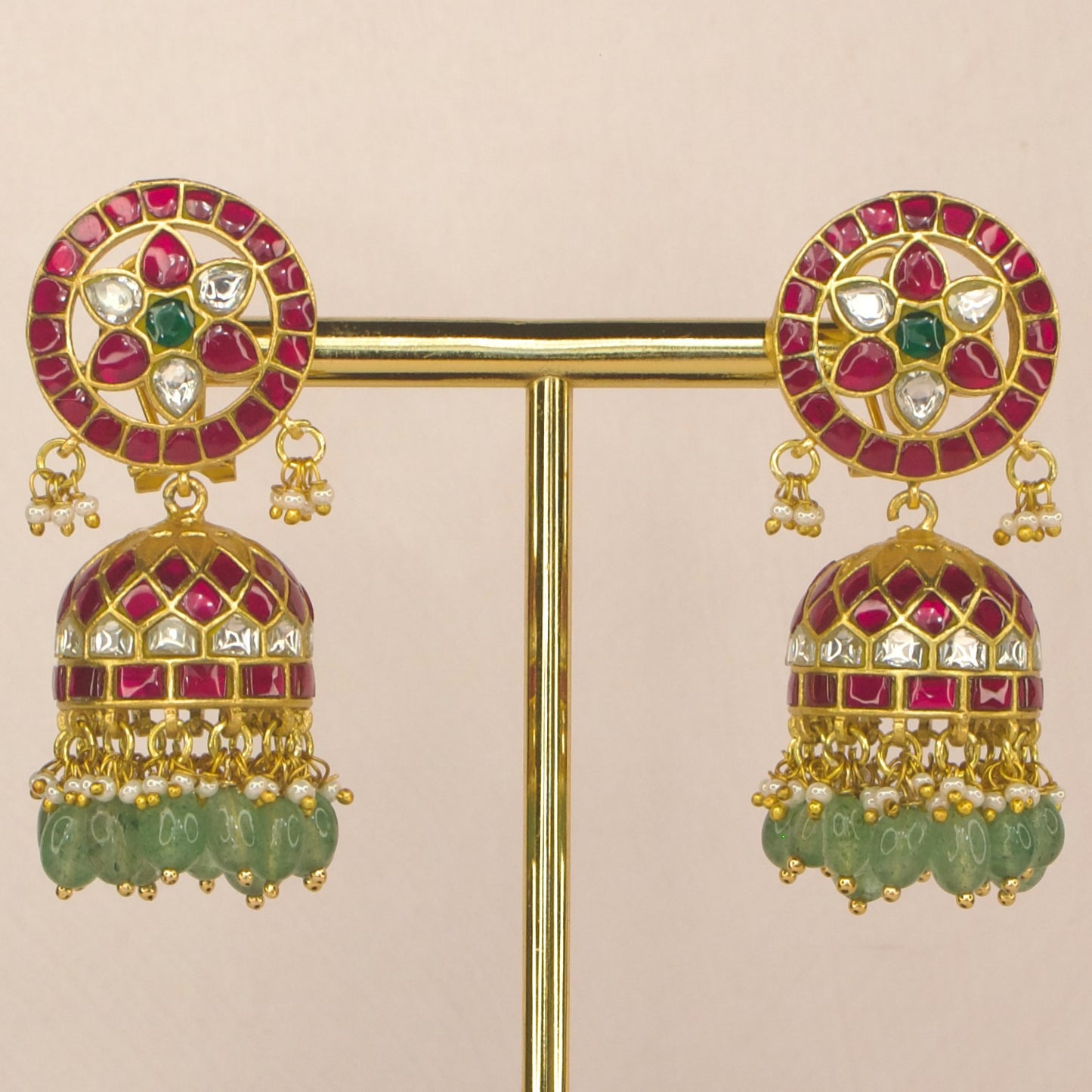 Radiant Floral Ruby Emerald Jadau Kundan Jhumka earrings with 22k Gold plating