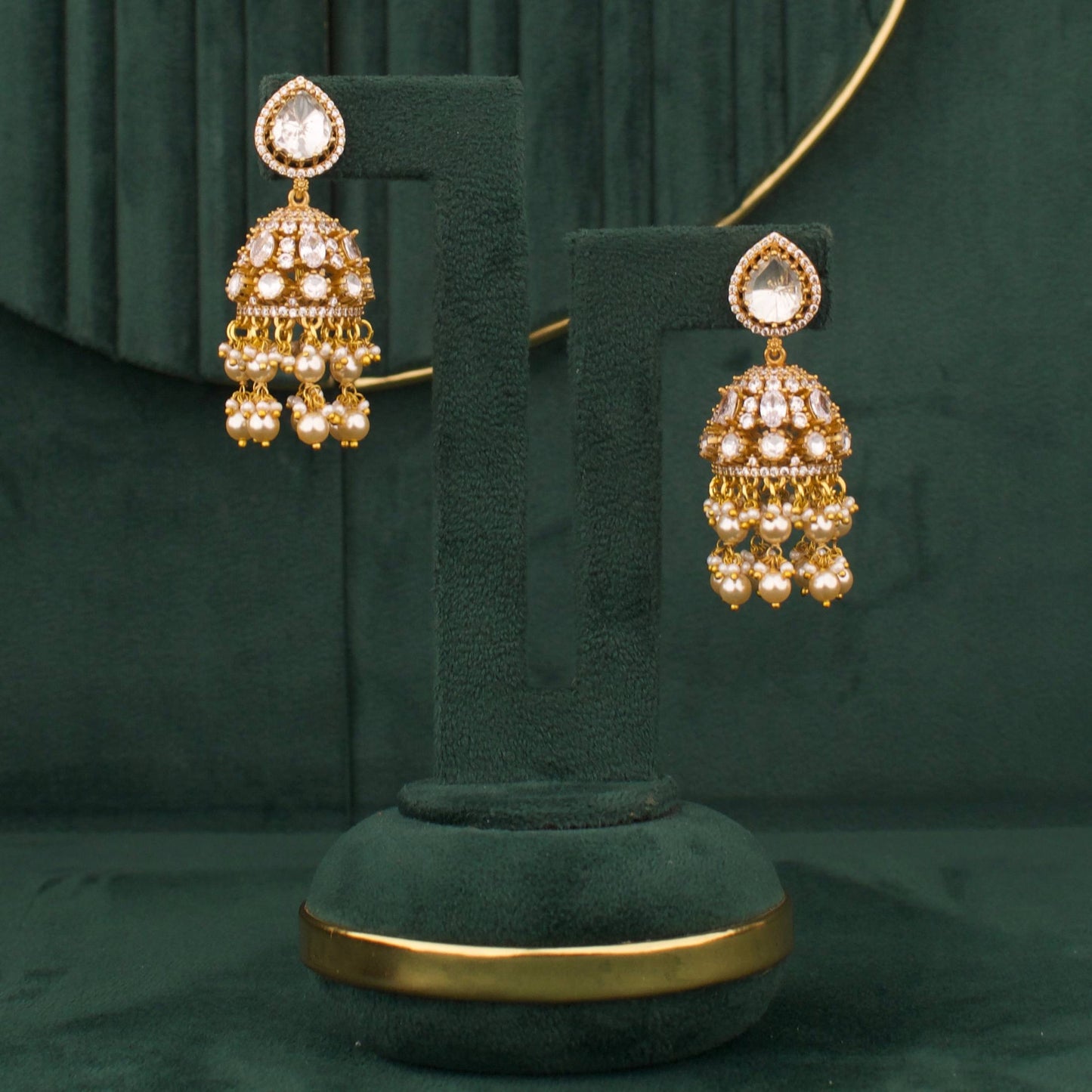 Antique Gold Victorian Polki Bridal Necklace Set With Cz Stones And Jhumka Earrings