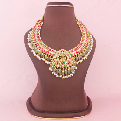 Gold Style Divine Lakshmi Devi Jadau Kundan Necklace With Ricepearl Hangings