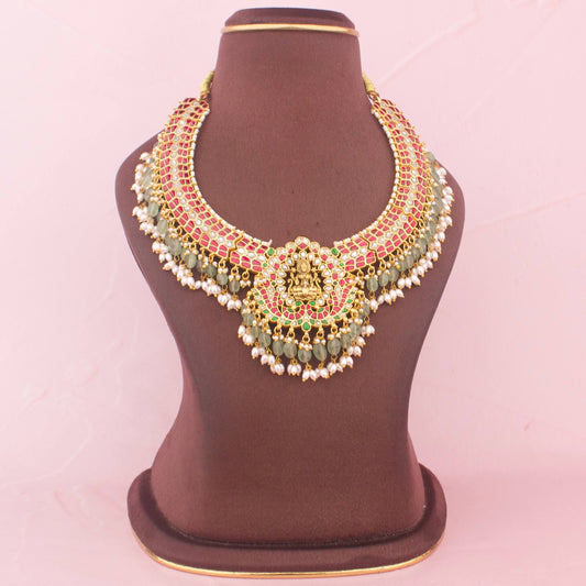 Gold Style Divine Lakshmi Devi Jadau Kundan Necklace With Ricepearl Hangings