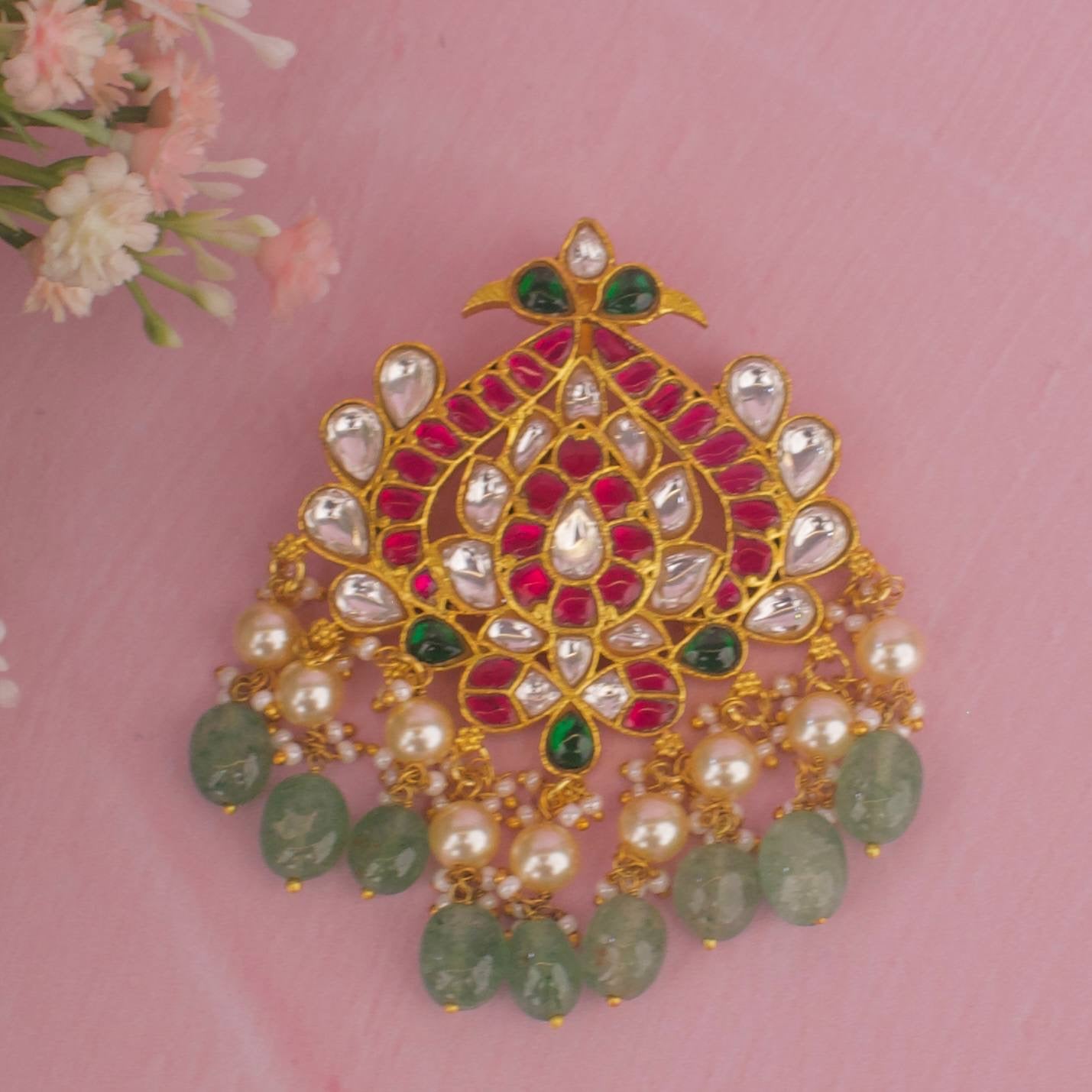 Beautiful Jadau Kundan Peacock Pendant With Pearls & Beads Hanging