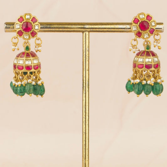 Flower Design Jadau Kundan Jhumki with Green Beads