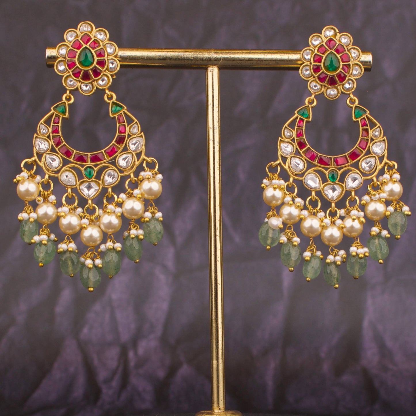 Majestic Jadau Kundan Chand Bali Design With Swarovski Pearls Hanging