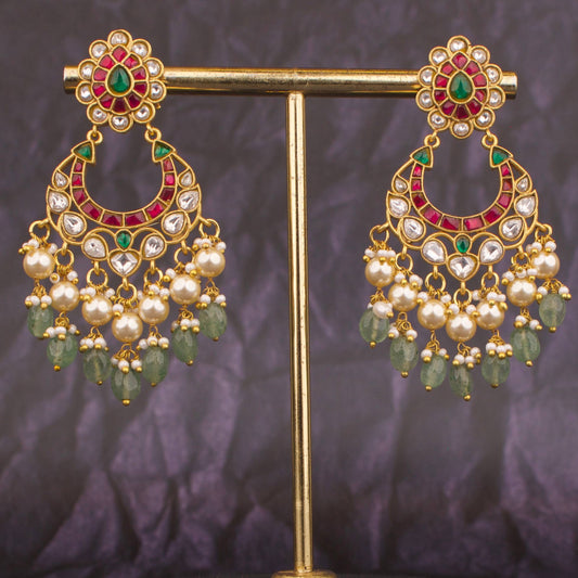 Majestic Jadau Kundan Chand Bali Design With Swarovski Pearls Hanging