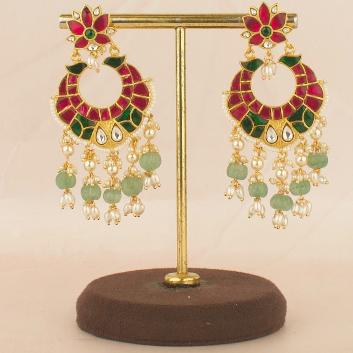Grand Lotus Design Jadau Kundan Chand Bali with Beads Hanging