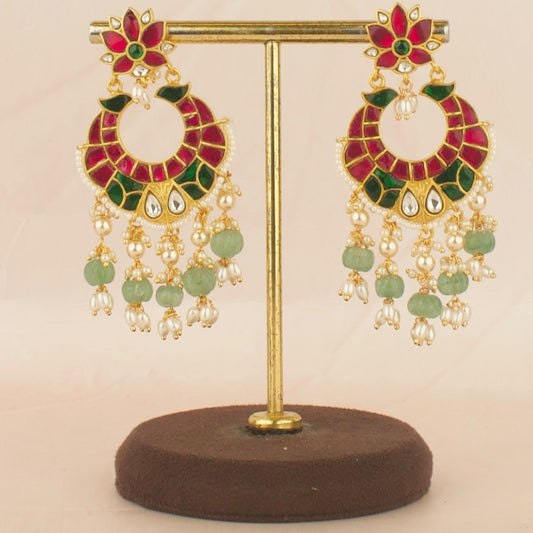 Grand Lotus Design Jadau Kundan Chand Bali with Beads Hanging