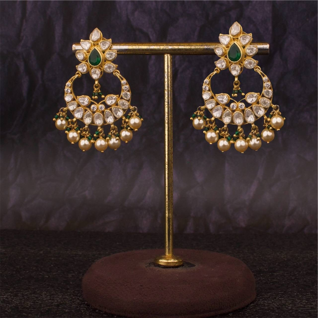 Floral Studded 925 Silver Moissanite Polki Chandbali Earrings