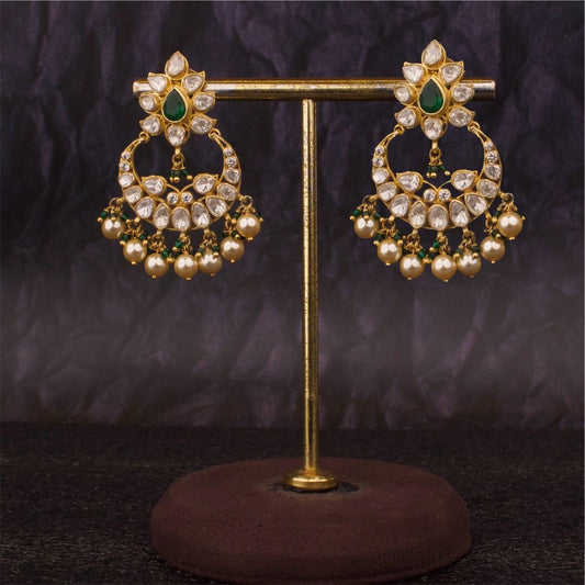 Floral Studded 925 Silver Moissanite Polki Chandbali Earrings