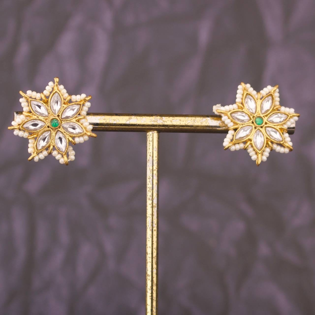 Star Floral Jadau Kundan Stud Earrings with Pearl Border