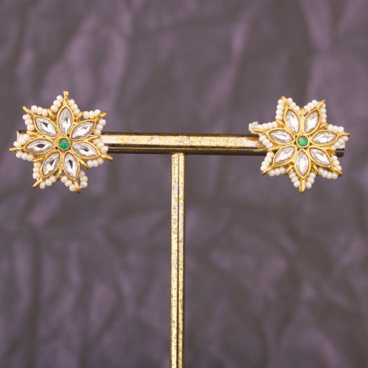 Star Floral Jadau Kundan Stud Earrings with Pearl Border