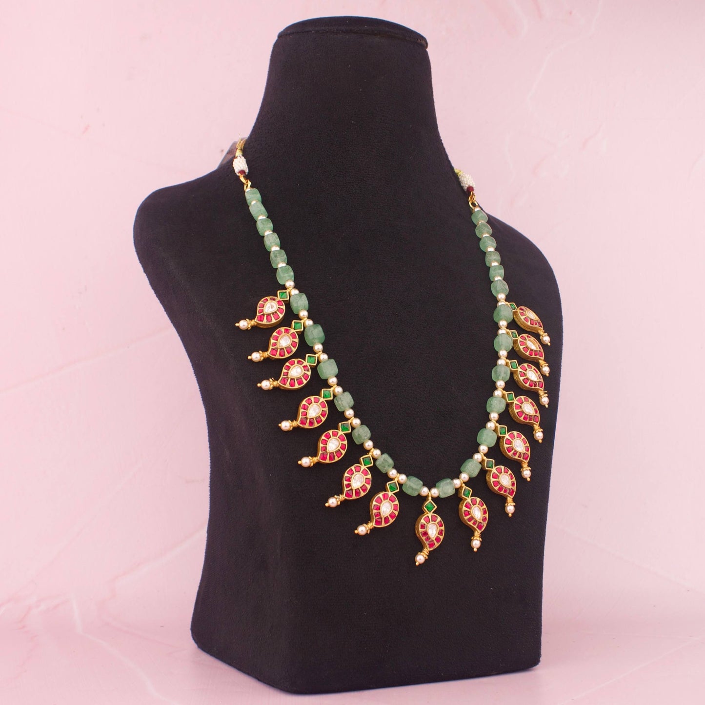 Designer Jadau Kundan Necklace With Green Beads And Red Paisley Kundan Drops