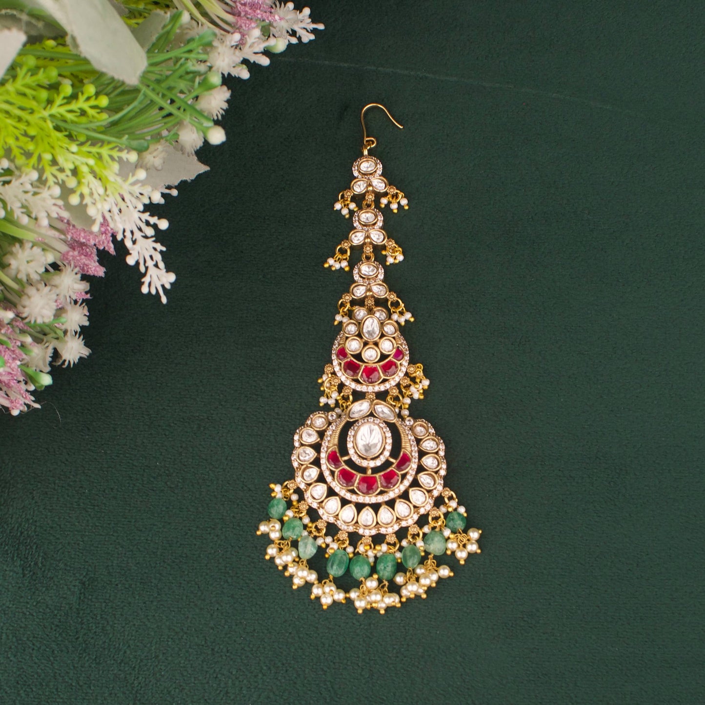 Designer Victorian Polki Maang Tikka With Pearl Tassels